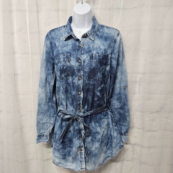 Dizzy Lizzy Blue Chambray Tie Dye Button Down Tunic Blouse Belted Grunge M - Picture 1 of 12